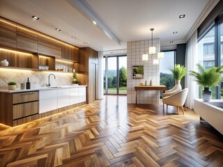Elegant Parquet Flooring, White Wall, and Tile Design Interior