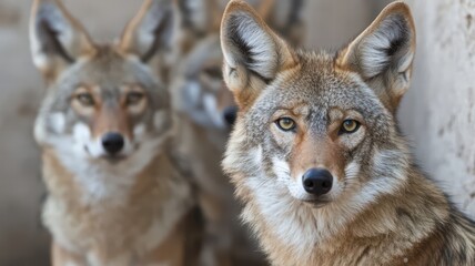 Fototapeta premium A group of coyotes gazes intently, showcasing their sharp features and keen expressions in a natural setting.