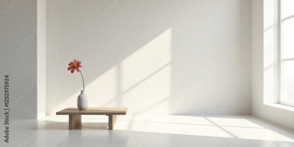 Poster a single flower in a minimalist vase rests on a low wooden table, bathed in sunlight streaming throu