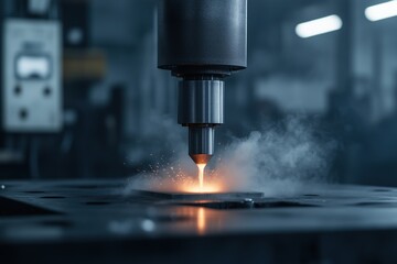 Close-up of industrial machinery welding with sparks and smoke in a factory. Precision engineering and manufacturing concept