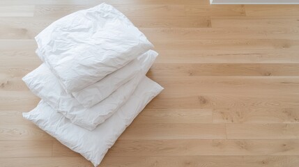 Stacked white bedding on light wood floor
