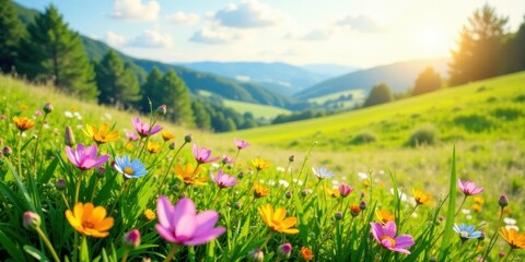 Fototapeta premium Vibrant wildflowers blossom in a sun-drenched meadow, showcasing nature's beauty against a backdrop of rolling hills and lush greenery.