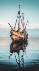 Vintage Wooden Ship Anchored on Calm Water Under Blue Sky
