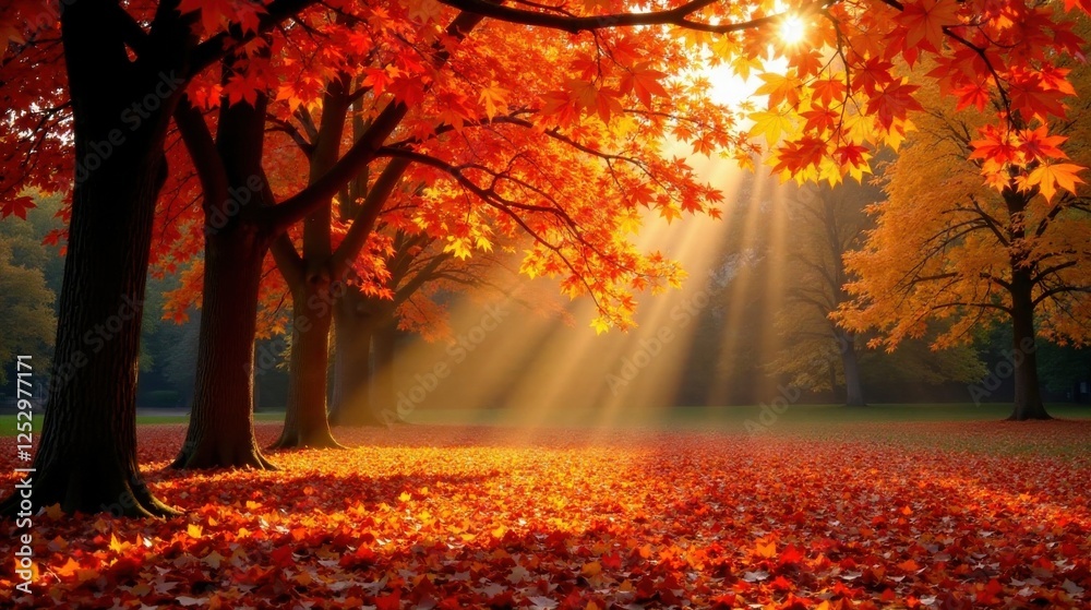 Poster golden sunlight streams through vibrant autumn foliage, illuminating a carpet of fallen leaves on a 