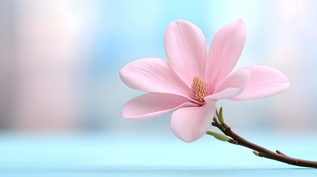 Pink magnolia blossom on blue background