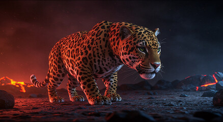 A vivid portrayal of a jaguar in a volcanic landscape.