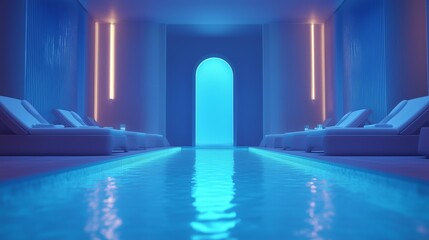 Obraz premium A luxurious indoor pool area with ambient blue lighting, elegant lounge chairs, and lush greenery, creating a serene and stylish retreat for relaxation and wellness