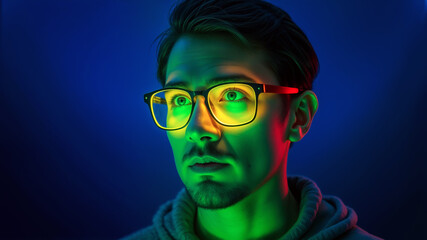 a man with glasses in the dark
