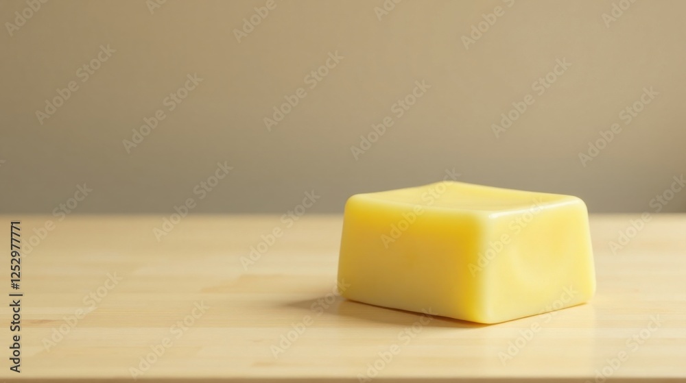 Aufkleber a pale yellow block of wax sits on a light wooden surface against a muted background