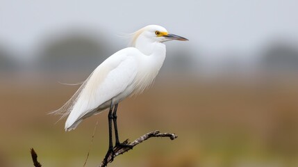 Obraz premium Snowy egret perched on branch, wetland background, wildlife photography
