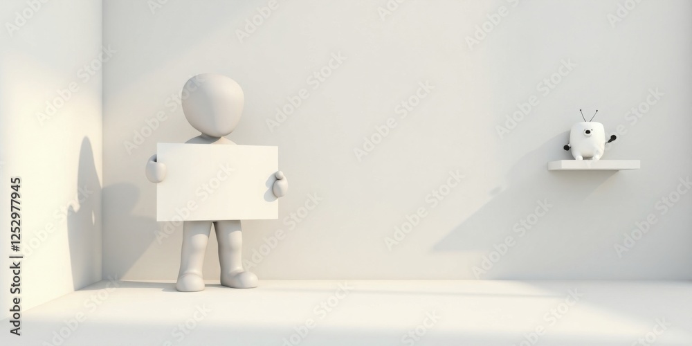 Poster a simple figure holds a blank sign, a minimalist scene with a small object on a shelf in a bright ro