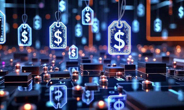 Digital currency price tags falling on circuit board; financial technology background