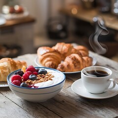 breakfast with coffee and croissant