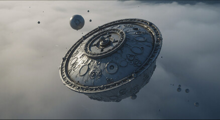 A large, circular object floating in the sky surrounded by bubbles.