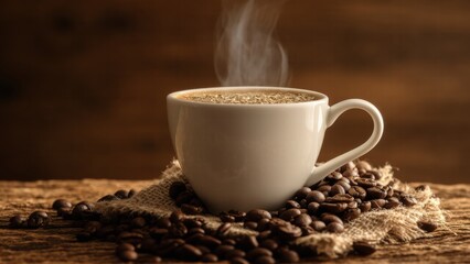 Warm cup of coffee resting on rustic table with coffee beans and steam rising in a cozy setting