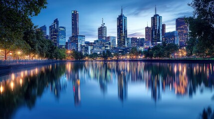 Fototapeta premium A serene twilight view of a city skyline reflecting on a calm river, surrounded by greenery, showcasing urban beauty.
