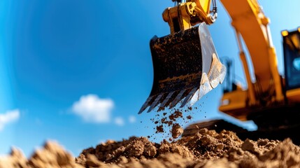 Excavator digging soil, sunny day, construction site
