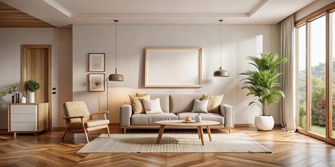 Empty Wooden Frame Mockup on Beige Wall, Modern Living Room Interior, Copy Space