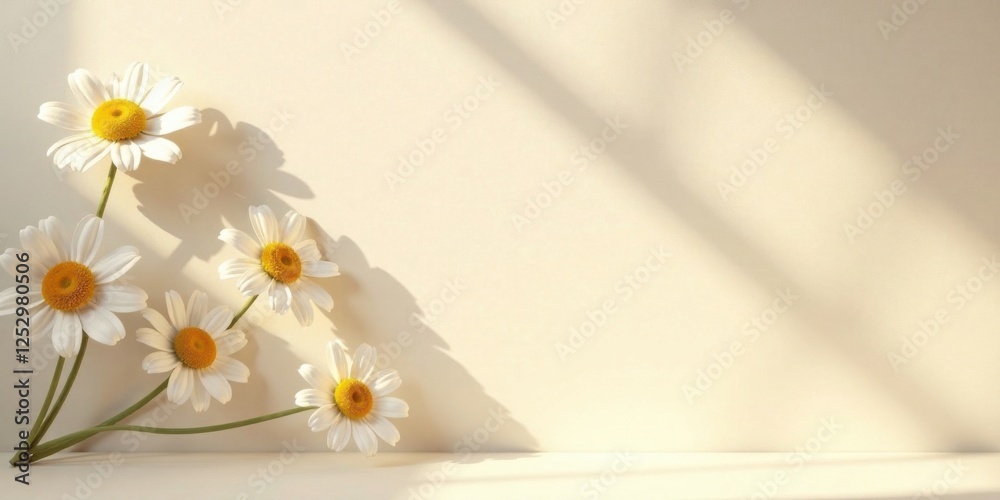 Poster serene chamomile blossoms arranged artfully against a soft, sunlit backdrop, creating a minimalist f