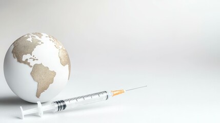 Global Health concept. Vaccine syringe next to a globe symbolizing global health and vaccination efforts.