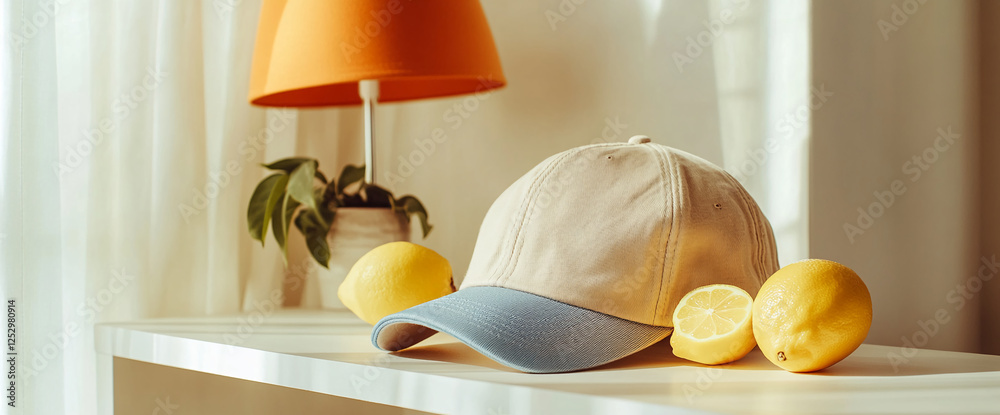 Poster a beige cap and fresh lemons arranged on a table next to a modern orange lamp, symbolizing a cozy, s