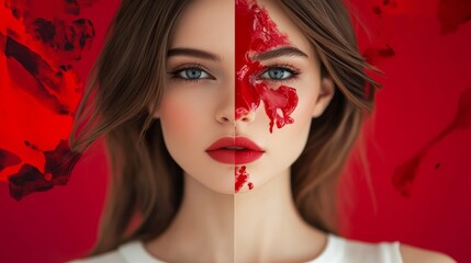 Fototapeta premium Woman's face is painted red and blue