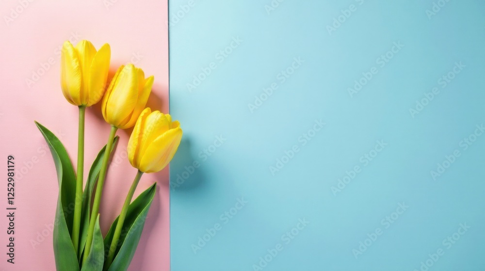 Poster three vibrant yellow tulips on a pastel background offer a springtime design element for your next p
