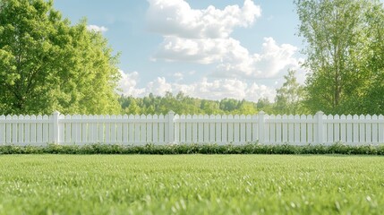 White picket fence, green lawn, sunny day, trees background; idyllic home
