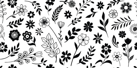 Hand drawn plant elements, flowers and leaves, seamless pattern, vector design