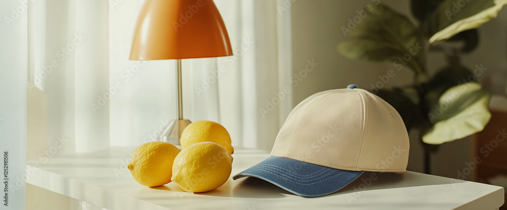 Poster a beige cap, fresh lemons, and an orange lamp on a modern table, bathed in soft light, creating a re