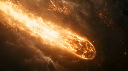 A blazing comet streaking through the cosmos, its fiery tail illuminating the surrounding space as it travels at high velocity.