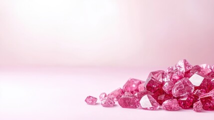 Pink crystals on pink background with mineral texture and copy space for design and creative use