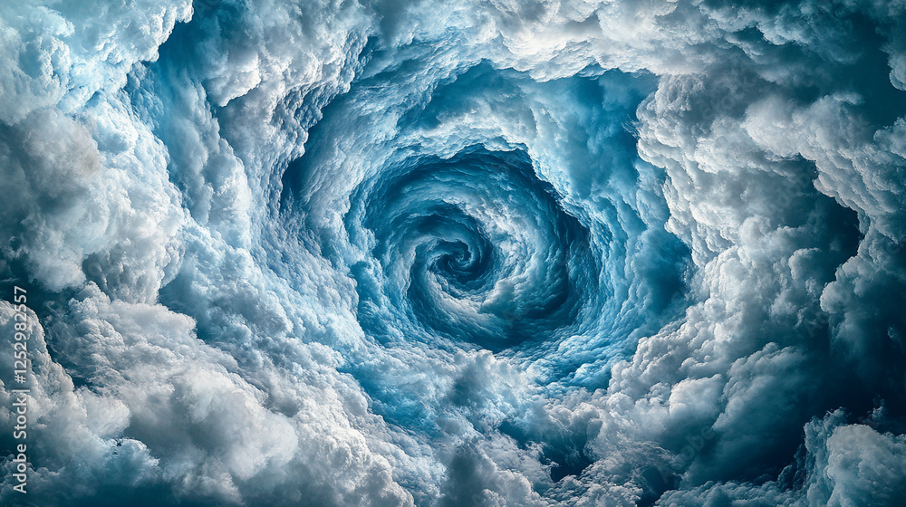 Poster a swirling vortex of clouds spiraling in the sky over the ocean, symbolizing the power and beauty of