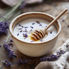 Creamy yogurt topped with honey and lavender creating a serene kitchen moment
