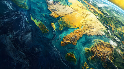A digitally enhanced image of Earth with rich golden continents and deep oceanic blue, giving an ethereal and vibrant look.