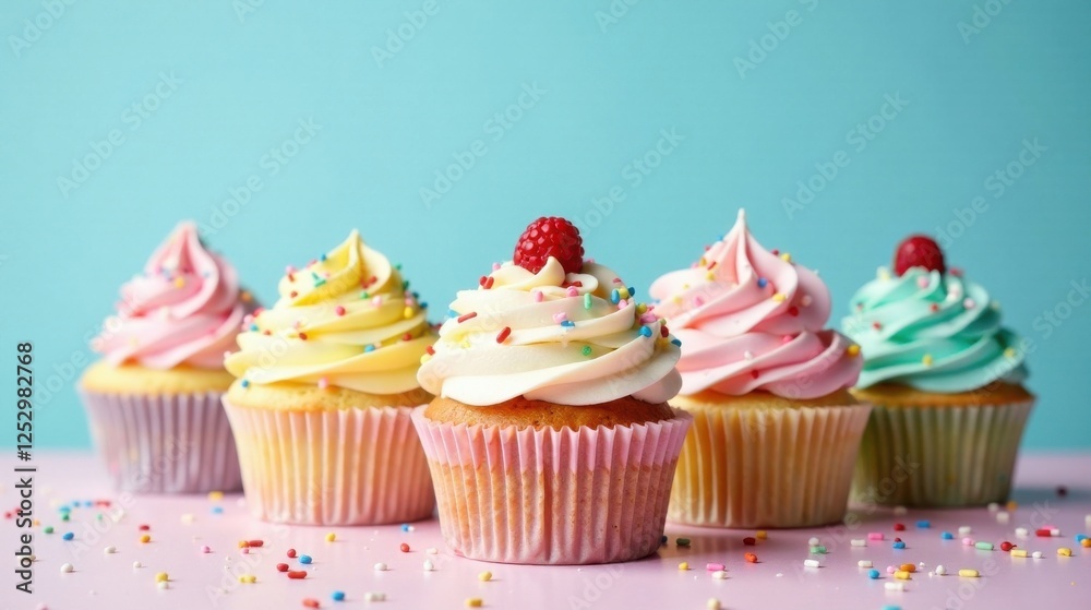 Poster a delightful arrangement of pastel cupcakes, each adorned with colorful sprinkles and a delicate fro