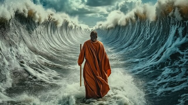 Moses parting the Red Sea, a biblical scene. He is wearing a red and white robe. He stands before high walls of water. High view from behind and in the distance.
