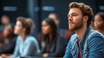 Man with a beard is sitting in a classroom with other people
