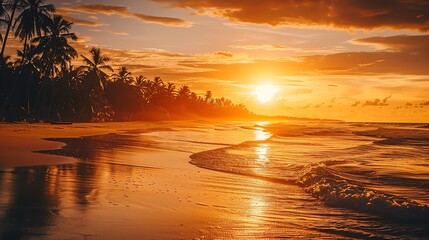 Naklejka premium Amazing sunset on the beach with palm trees. The warm colors of the sky and the water create a peaceful and relaxing scene.