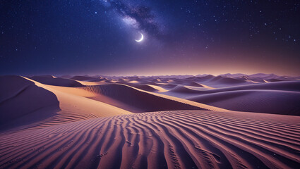 Starry Night in the Desert with a Glowing Crescent Moon concept of symbolizing the start of Ramadan 