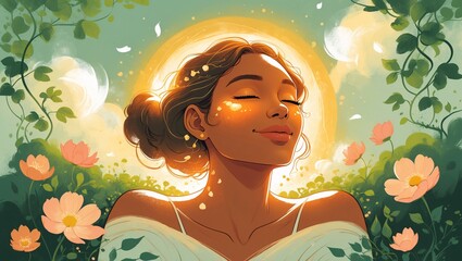 Vibrant depiction of a serene woman basking in sunlight surrounded by blooming flowers and lush greenery during a tranquil moment in nature