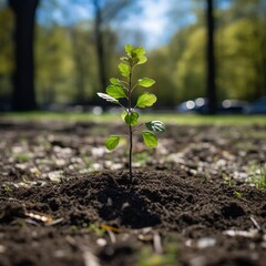A young tree planted in the center of a public park on Arbor Day.