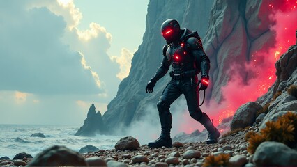 Hero on Rocky Terrain - A futuristic hero standing on rocky terrain with a city in the background.