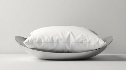 A pristine white pillow rests gently within a sleek, metallic bowl, a minimalist study in form and texture.
