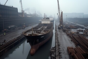 Large cargo ship docked in an industrial shipyard on a misty day. maritime transportation and shipping industry