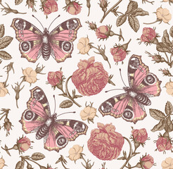 Seamless pattern Flowers. Butterflies moths insect fly Blooming Dogrose Rosehip wild rose realistic isolated Vintage fabric background Set Wildflowers. Drawing engraving Vector victorian Illustration