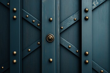 Dark metallic door with decorative studs and rivets. Vintage and industrial design.