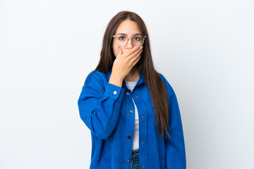 Young Ukrainian woman isolated on white background covering mouth with hand