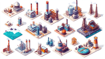 Industrial Factory with Pipes, Tanks, and Smokestacks in Isometric View