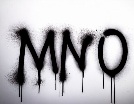 Letters M N O, part of alphabet. Black liquid spray paint font. Dripping paint on white background, typography
